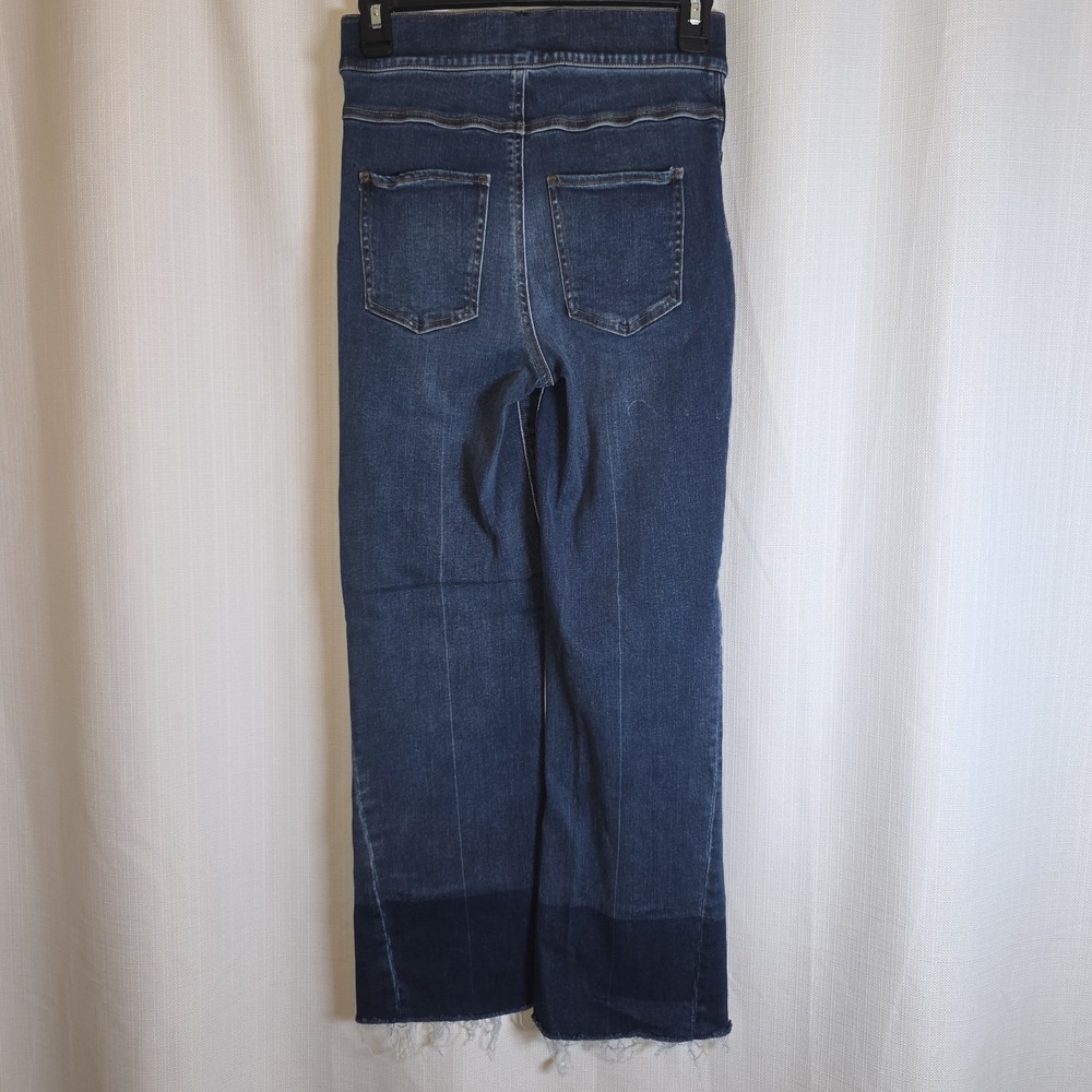 Spanx Flare Jeans Dark Wash High Rise Pull On Raw Hem Stretch Denim Women XS - Picture 2 of 10